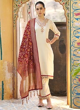Cream Silk Embroidered Sequins Straight Pant Suit