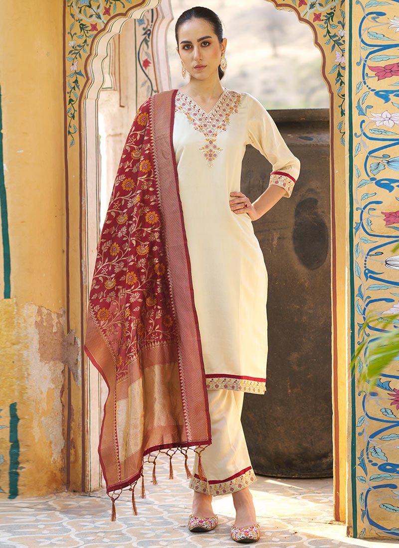 Cream Silk Embroidered Sequins Straight Pant Suit Festive Wear