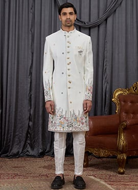 Cream Silk Embroidered Sequins Thread Indowestern Sherwani