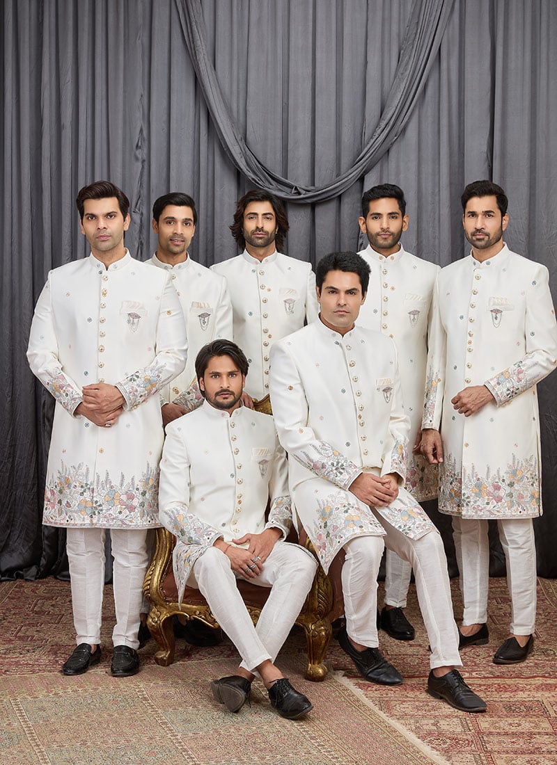 Cream Silk Embroidered Sequins Thread Indowestern Sherwani Wedding Wear