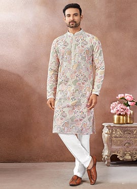 Cream Silk Embroidered Sequins Thread Kurta Pyjama