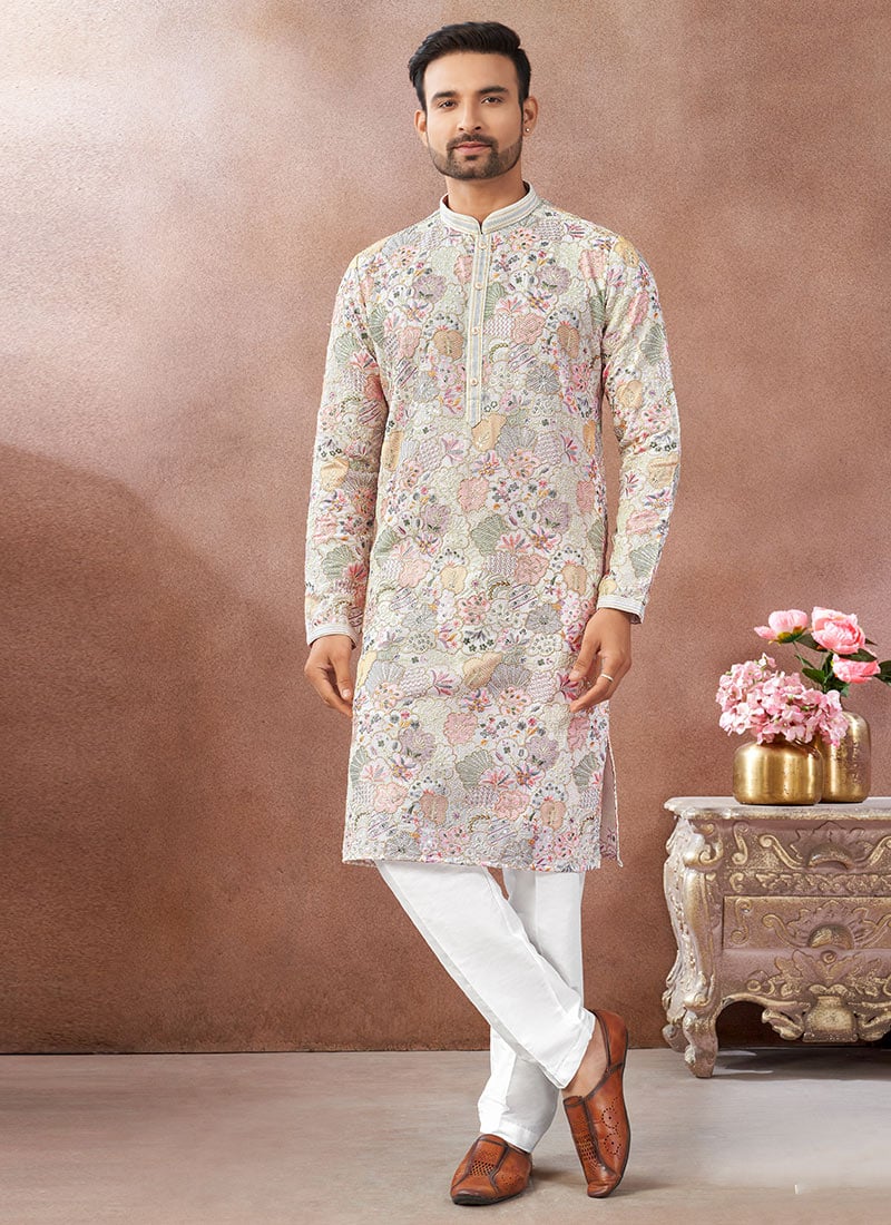 Cream Silk Embroidered Sequins Thread Kurta Pyjama Festive Wear