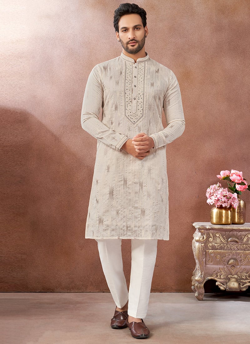 Cream Silk Embroidered Sequins Thread Kurta Pyjama Festive Wear
