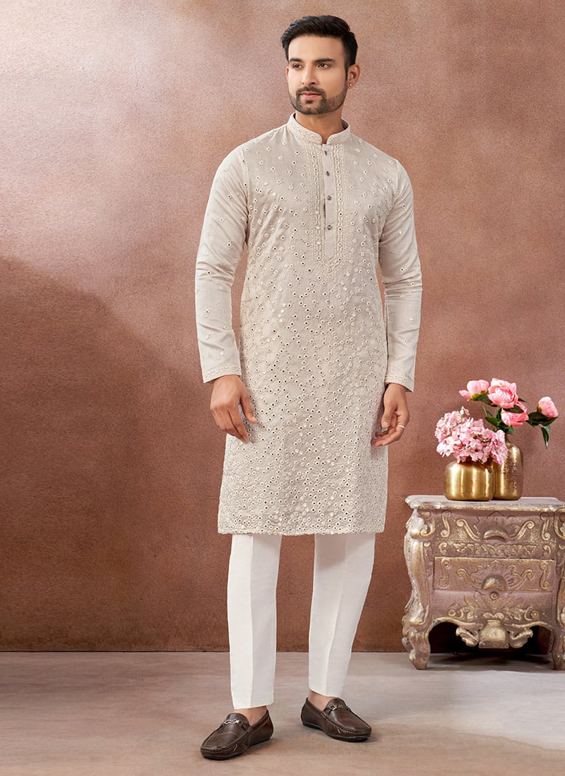 Cream Silk Embroidered Sequins Thread Kurta Pyjama Festive Wear