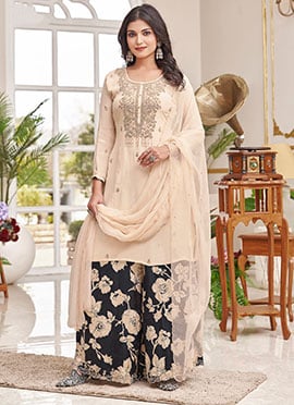 Cream Silk Embroidered Sequins With Beads Work Printed Palazzo Suit