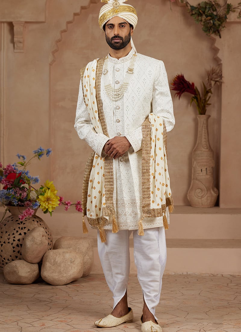 Cream Silk Embroidered Sequins With Stone Work Indowestern Sherwani With Dhoti Pant Wedding Wear