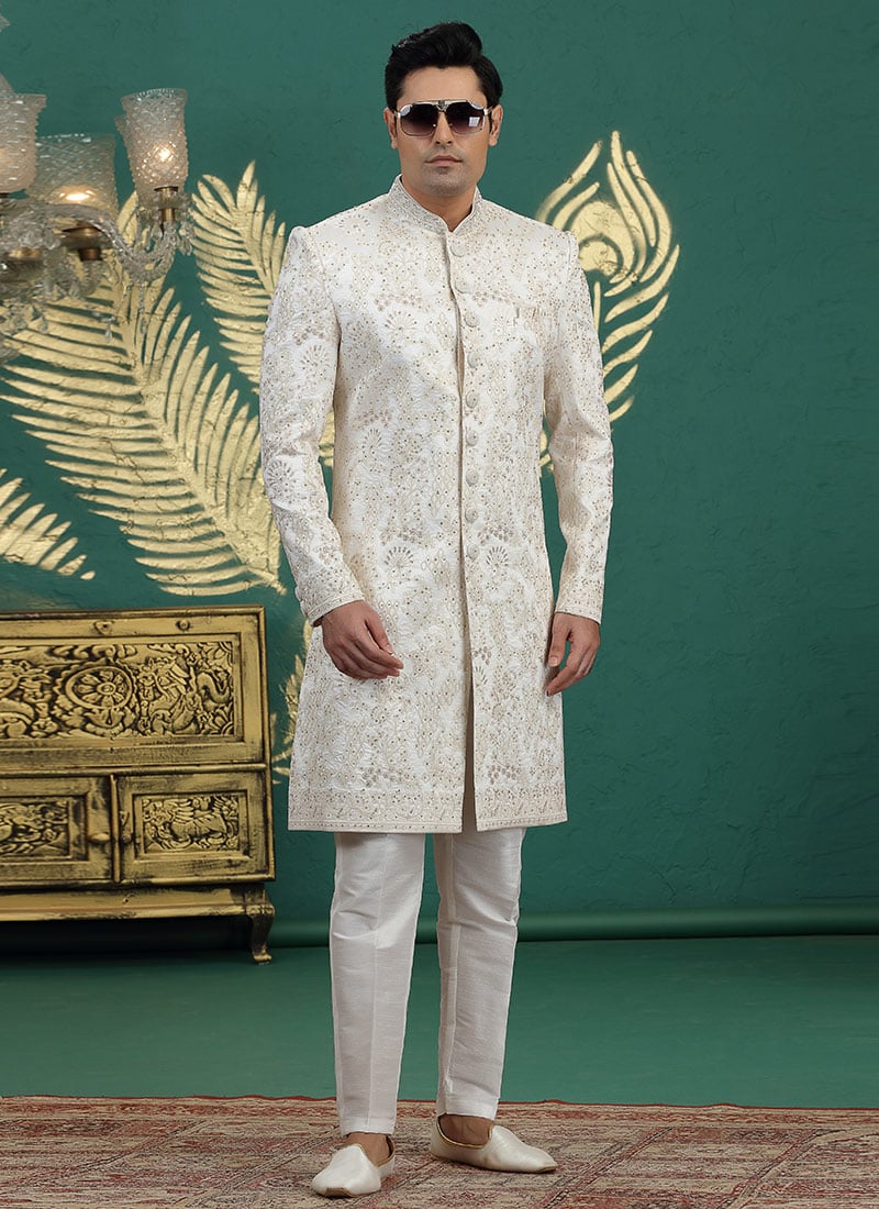 Cream Silk Embroidered Stones Sequins Thread Hand Embroidered Indowestern Sherwani