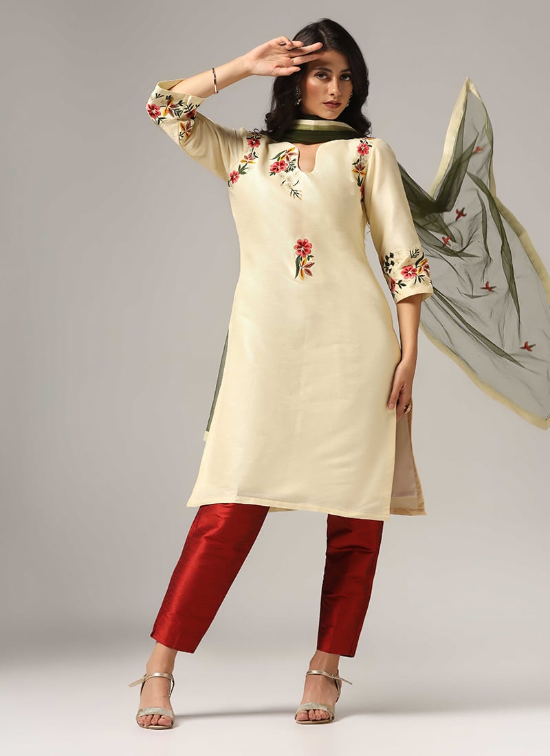 Cream Silk Embroidered Straight Pant Suit Party Wear