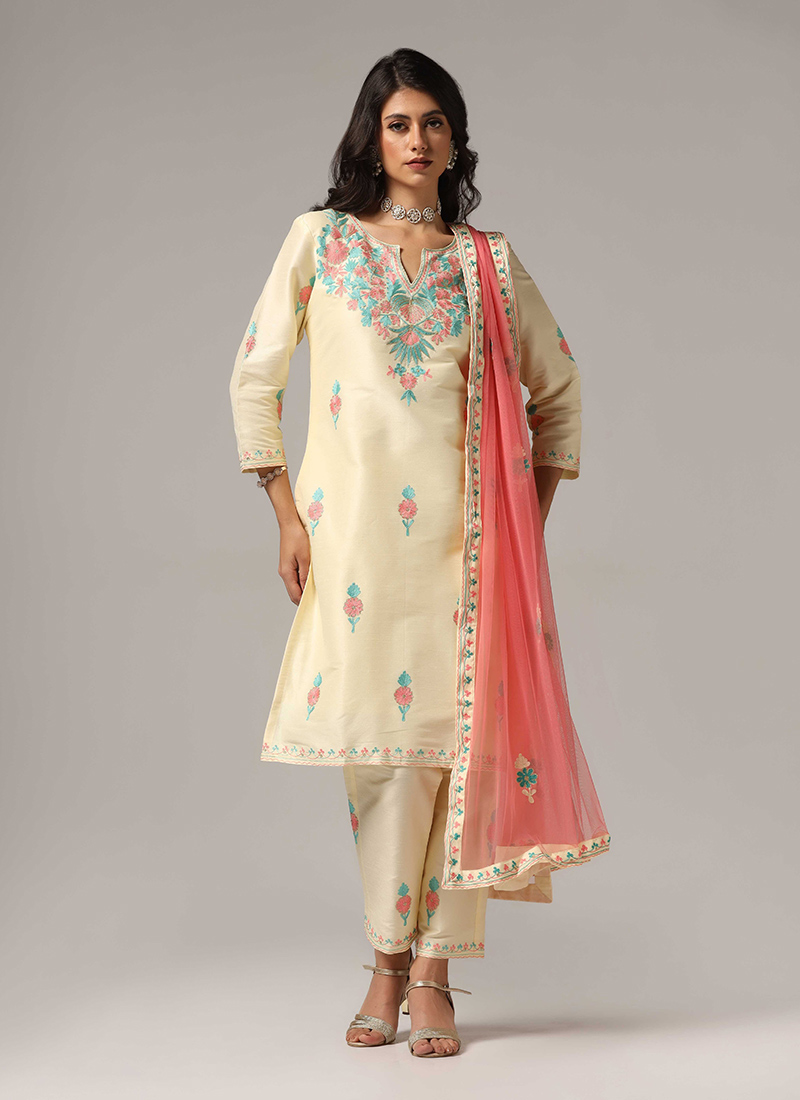 Cream Silk Embroidered Straight Pant Suit Party Wear