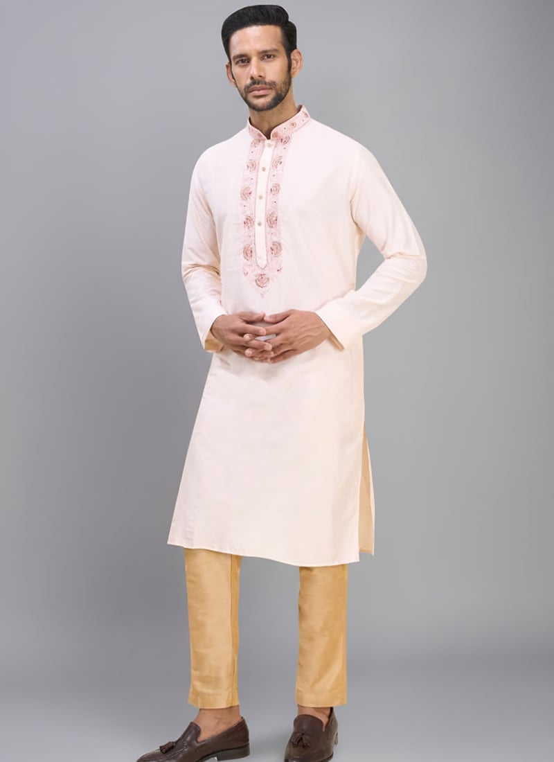 Cream Silk Embroidered Timeless Kurta Pyjama Festive Wear