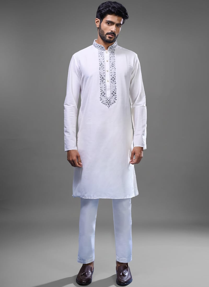 Cream Silk Embroidered With Mirror Work Majestic Kurta Pyjama Festive Wear