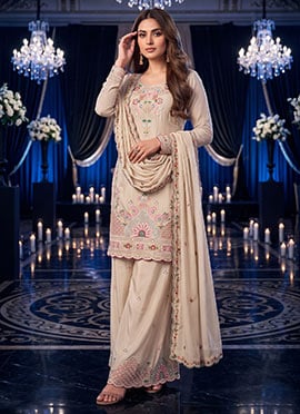 Cream Silk Floral Embroidered Beads Classy Palazzo Suit