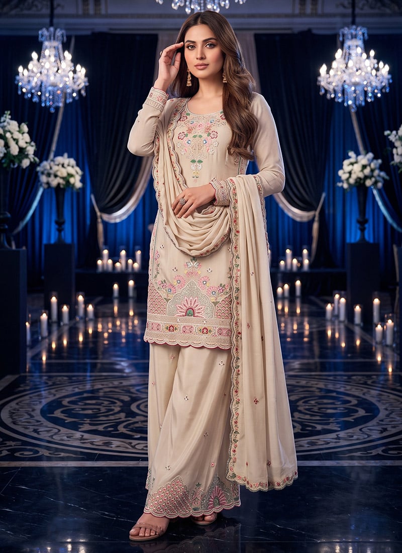 Cream Silk Floral Embroidered Beads Classy Palazzo Suit After Six Wear