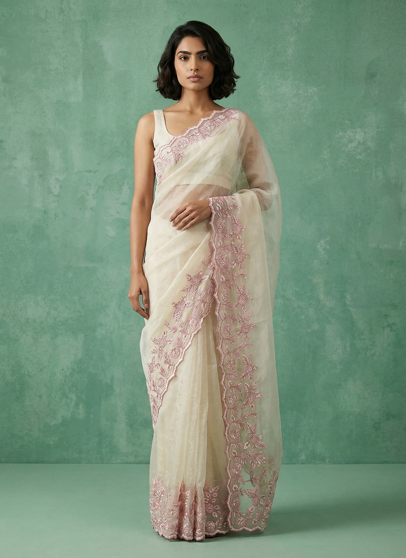 Cream Silk Floral Embroidered Saree After Six Wear