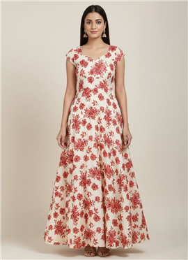 Cream Silk Floral Maxi Dress