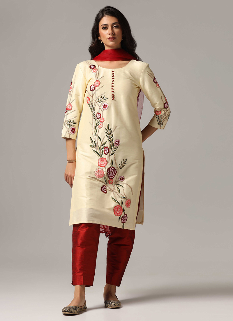Cream Silk Hand Crafted Cut Dana Embroidered Straight Pant Suit Party Wear