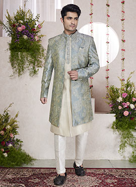 Cream Silk Hand Embroidered Digital Print Indowestern Sherwani