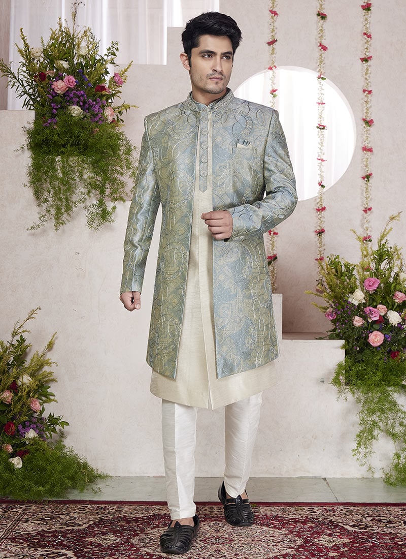 Cream Silk Hand Embroidered Digital Print Indowestern Sherwani