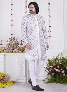 Cream Silk Hand Embroidered Sequins Indowestern Sherwani Wedding Wear