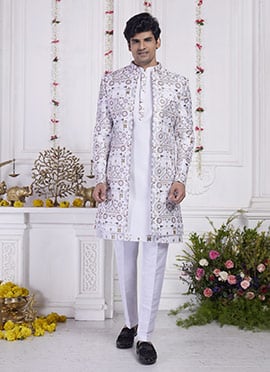 Cream Silk Hand Embroidered Sequins Indowestern Sherwani