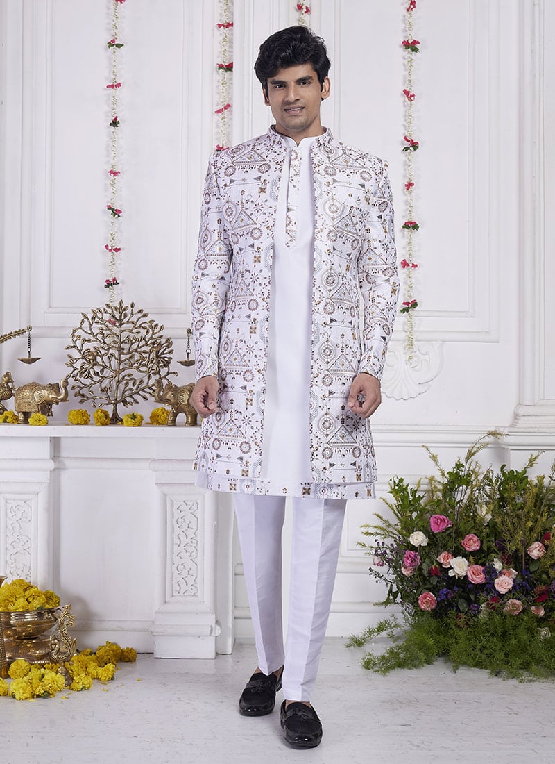 Cream Silk Hand Embroidered Sequins Indowestern Sherwani Wedding Wear