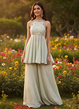 Cream Silk Hand Embroidered Sequins Palazzo Suit