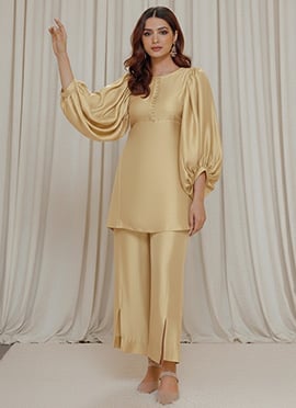 Cream Silk IndoWestern Co Ord Set With Balloon Sleeve