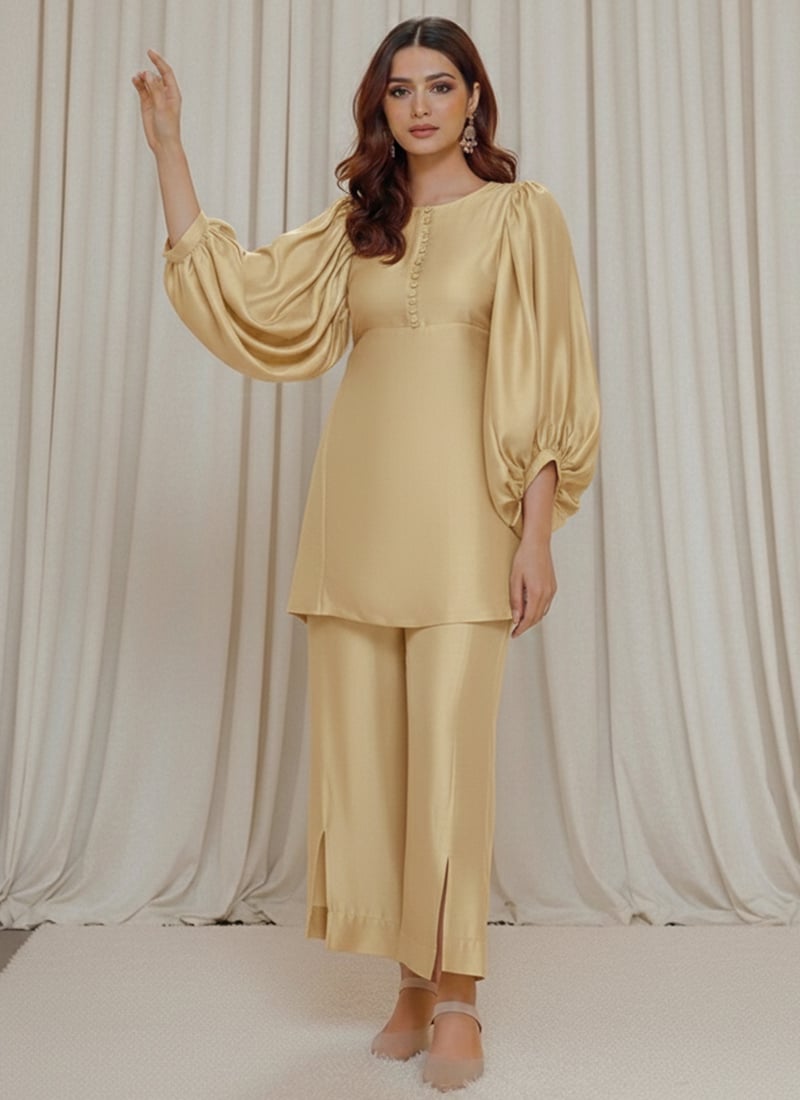 Cream Silk IndoWestern Co Ord Set With Balloon Sleeve After Six Wear