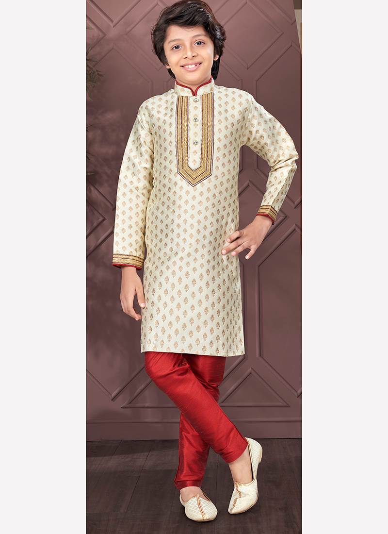 Cream Silk Jacquard Kids Boys Kurta Pyjama Festive Wear