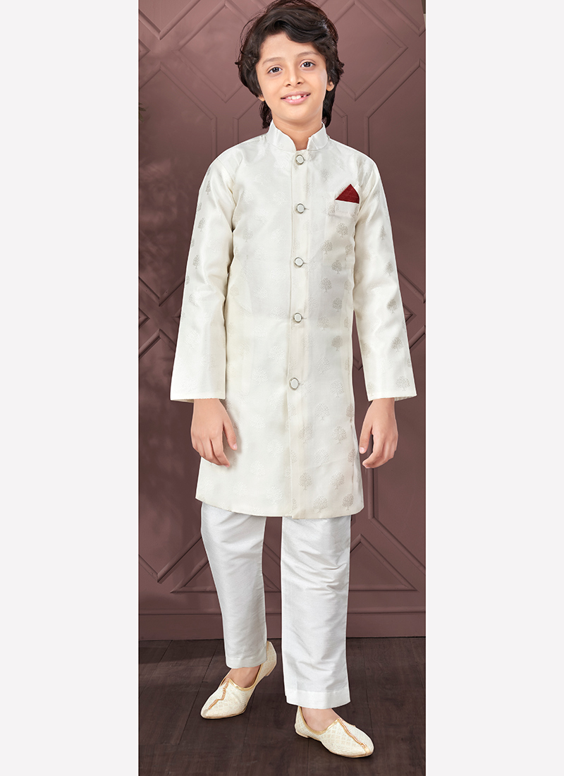 Cream Silk Jacquard Kurta Pyjama For Young Kids Boys Party Wear