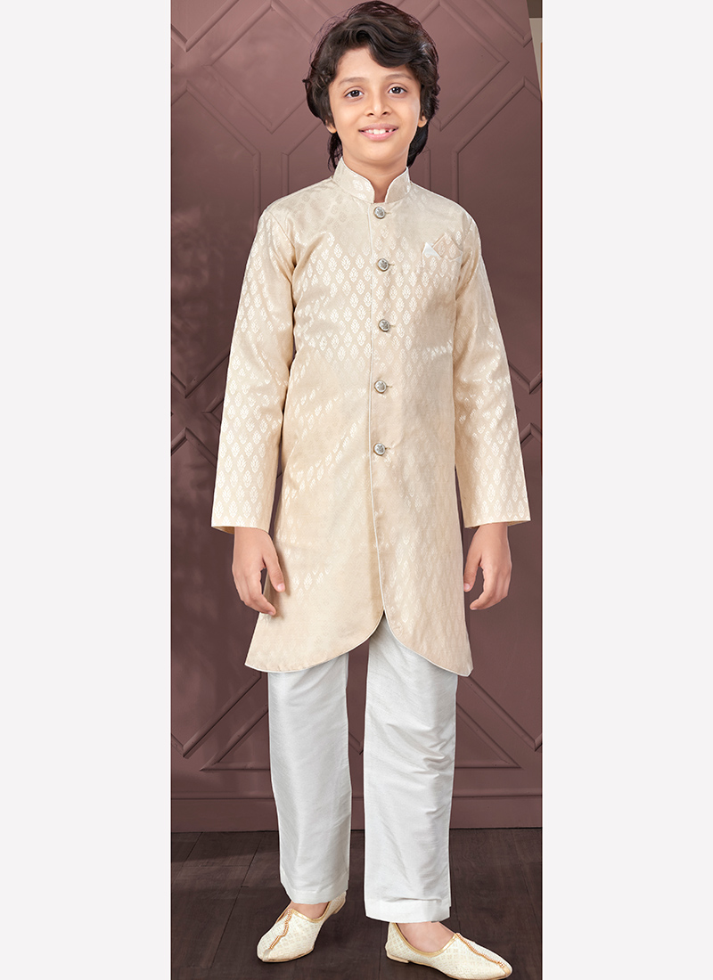 Cream Silk Jacquard Kurta Pyjama For Young Kids Boys Party Wear