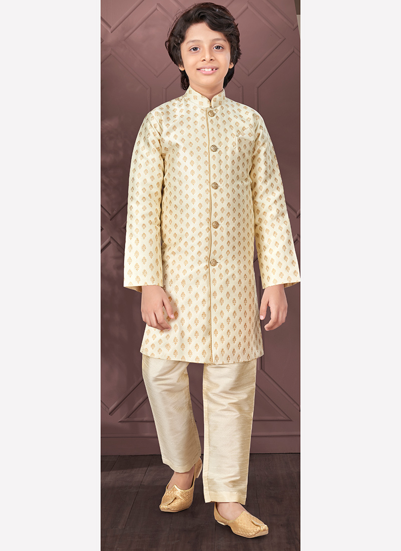 Cream Silk Jacquard Kurta Pyjama For Young Kids Boys Party Wear