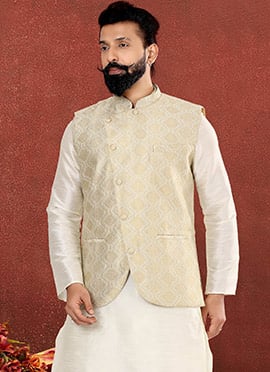 Cream Silk Jacquard Nehru jacket