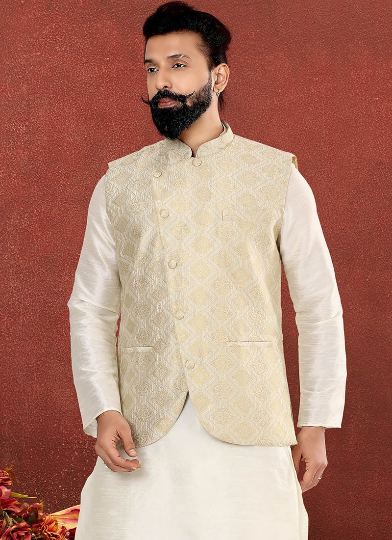 Cream Silk Jacquard Nehru jacket