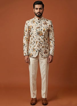 Cream Silk Jacquard Printed Bandhgala Suit For Men