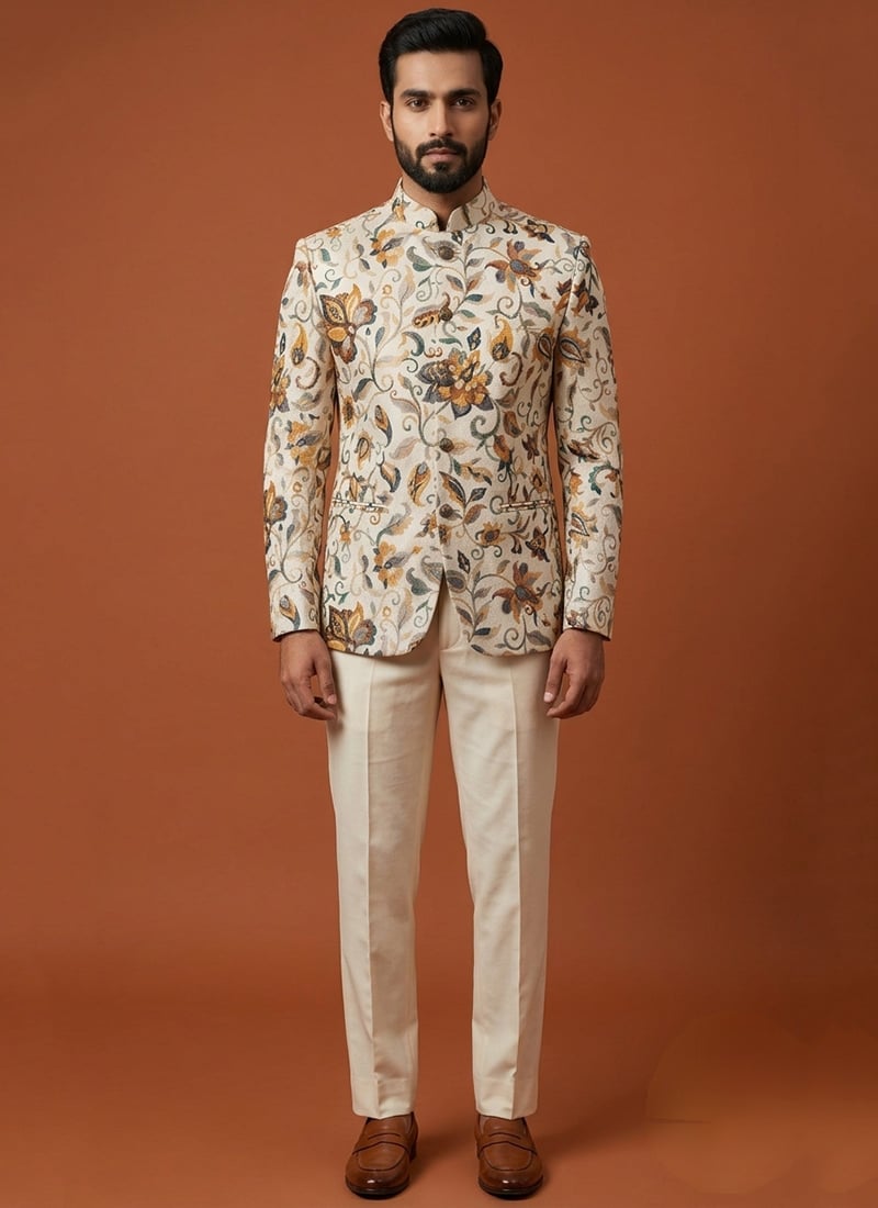 Cream Silk Jacquard Printed Bandhgala Suit For Men Wedding Wear