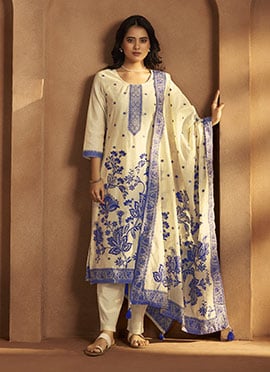Cream Silk Jacquard Straight Pant Suit