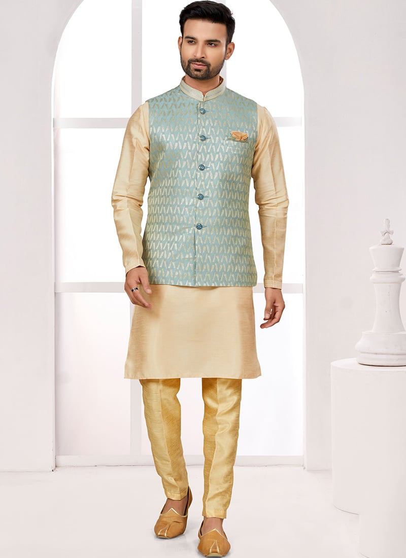 Cream Silk Jacquard Zari Bandi Set Festive Wear