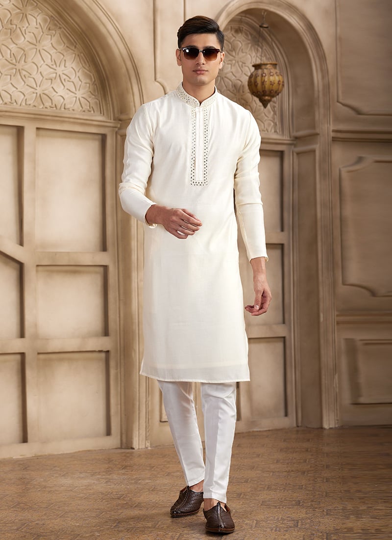 Cream Silk Kurta Pyjama For Men Festive Wear