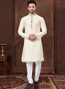 Cream Silk Lace Work Kurta Pyjama