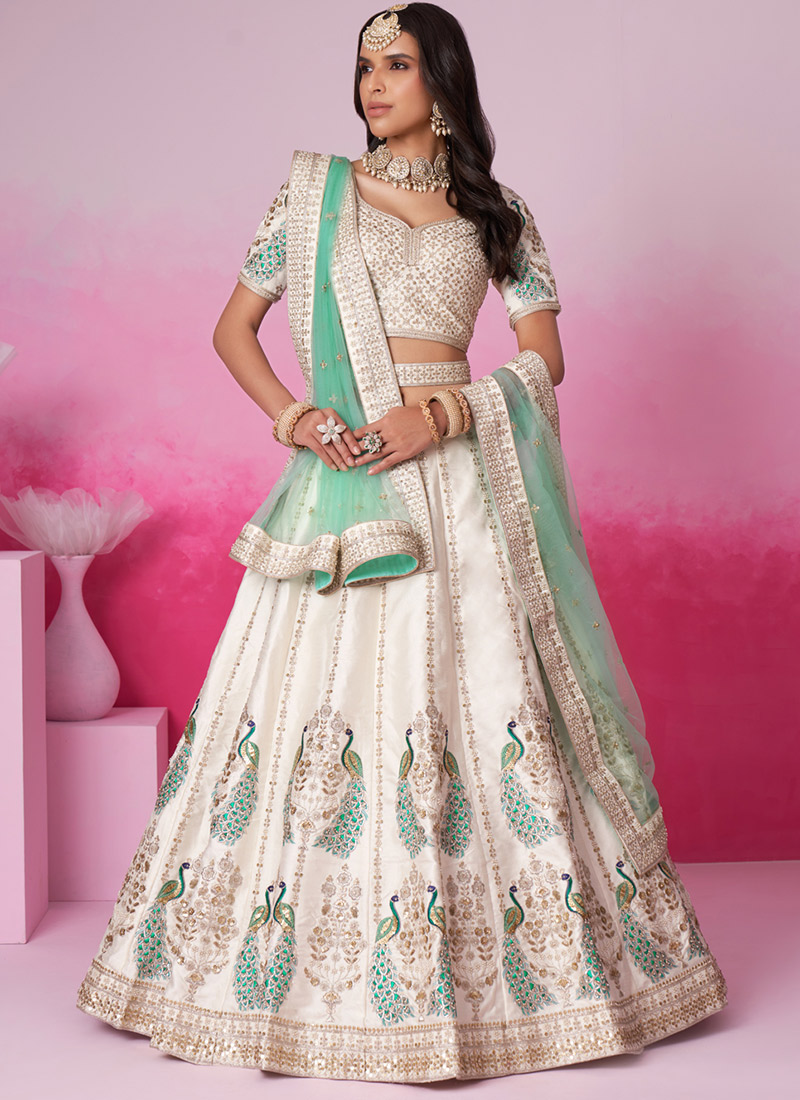 Cream Silk Lehenga A Masterpiece of Sequins Peacock Embroidery