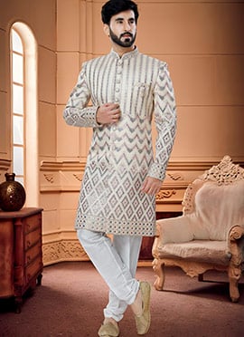 Cream Silk Mirror Embroidery Classic Sherwani