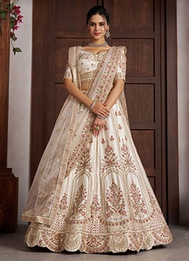 Cream Silk Multicolor Embroidered Bridal Lehenga