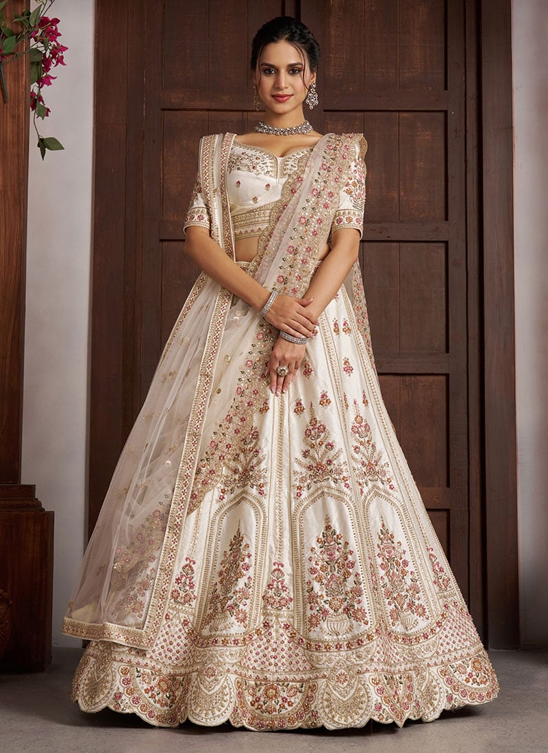 Cream Silk Multicolor Embroidered Bridal Lehenga Wedding Wear