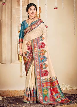 Cream Silk Position Print Work Saree