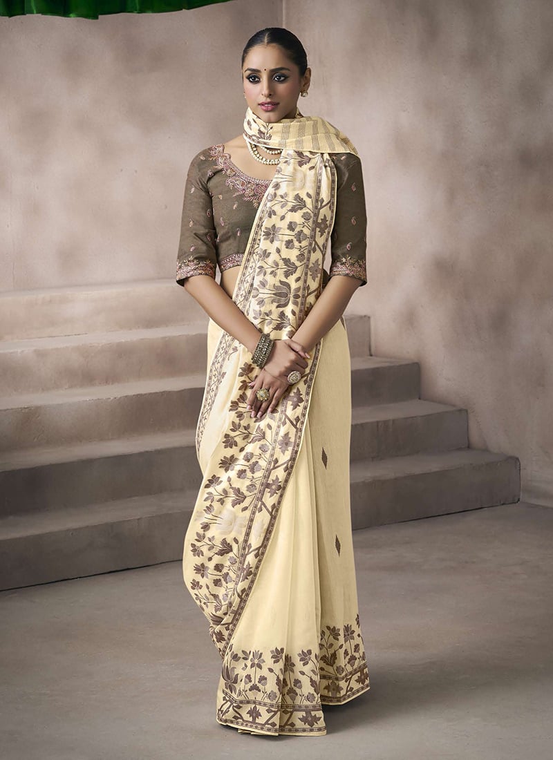 Cream Silk Printed Embroidered Saree Festive Wear