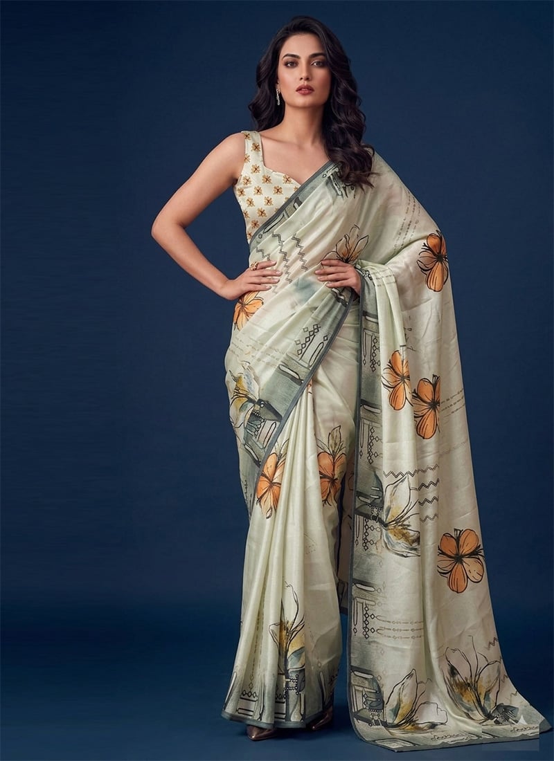 Cream Silk Printed Saree Festive Wear
