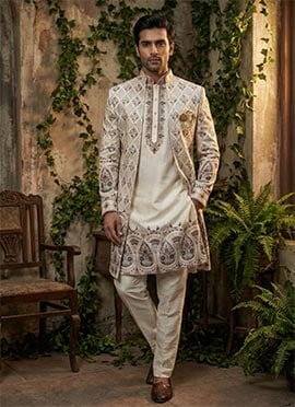 Cream Silk Sequins Embroidered Indowestern Sherwani Set