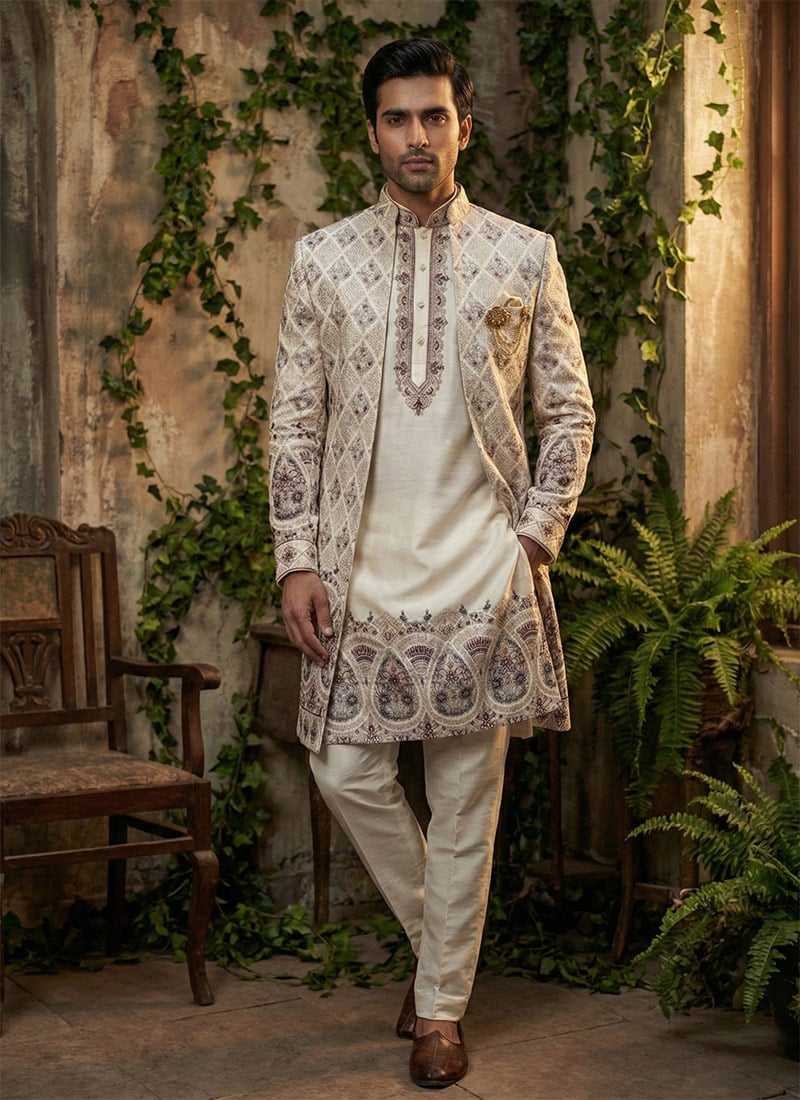 Cream Silk Sequins Embroidered Indowestern Sherwani Set Wedding Wear