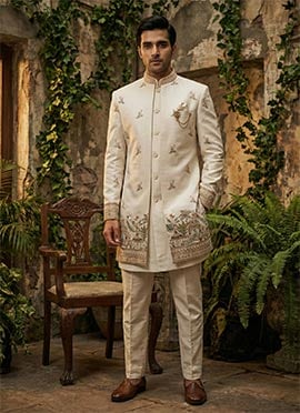 Cream Silk Sequins Embroidered Indowestern Sherwani Set
